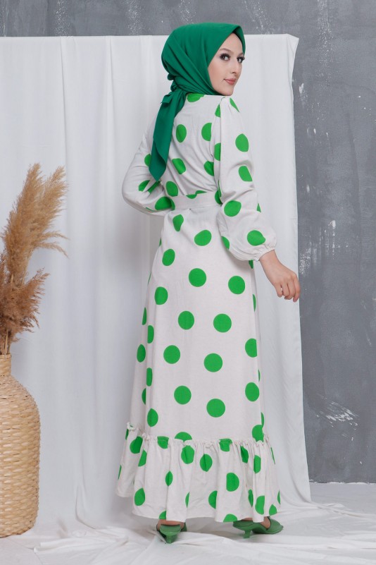 Puantiye Desenli Keten Tesettür Elbise/Yeşil