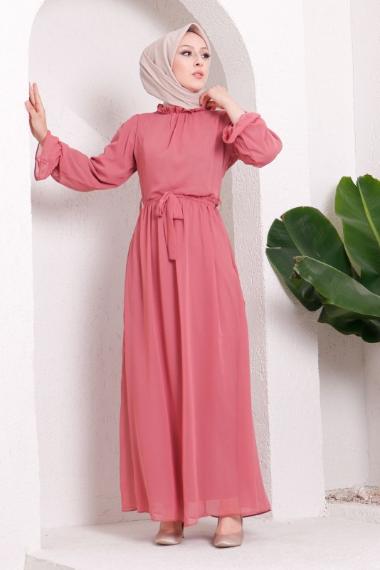Yaka Fırfır Detaylı Şifon Tesettür Elbise/Gül