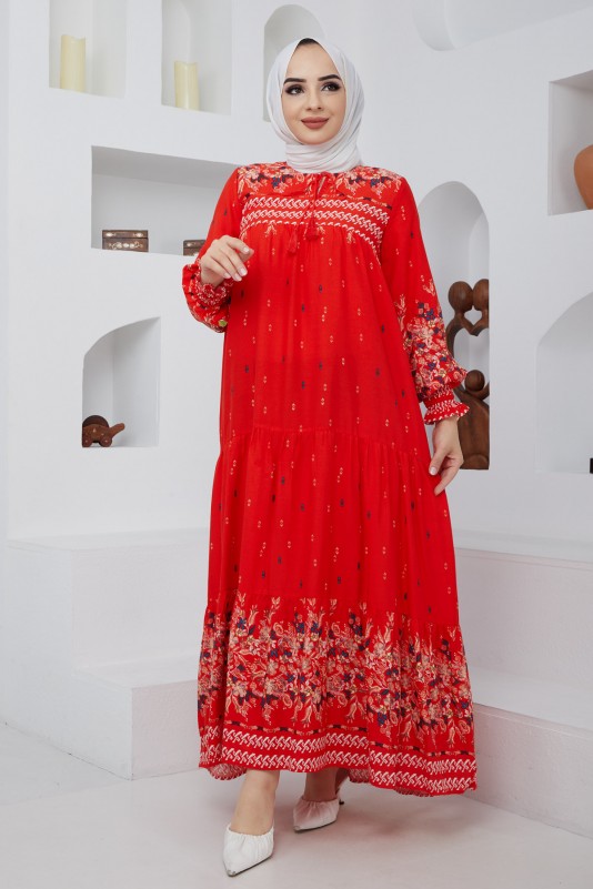 Yaka Bağlama Detaylı Tesettür Viscon Elbise/Kırmızı