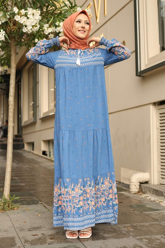 Bilek Büzgülü Yaka Bağlamalı Elbise/İndigo