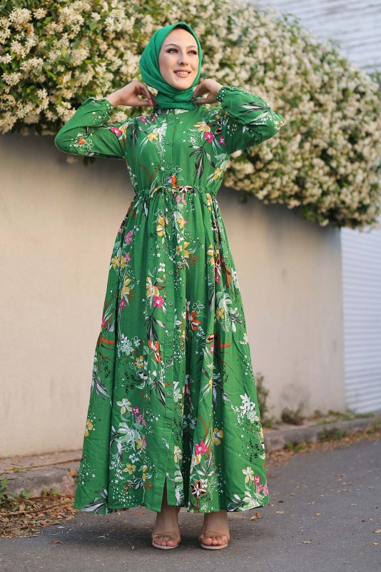 Çiçek Desenli Doğal Kumaş Elbise/Yeşil