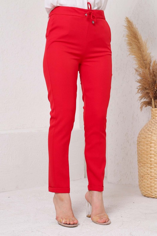 Duble Paça Cepli Krep Kumaş Pantolon/Kırmızı