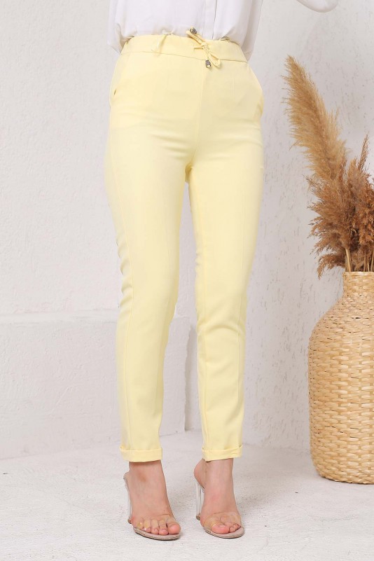 Duble Paça Cepli Krep Kumaş Pantolon/Sarı