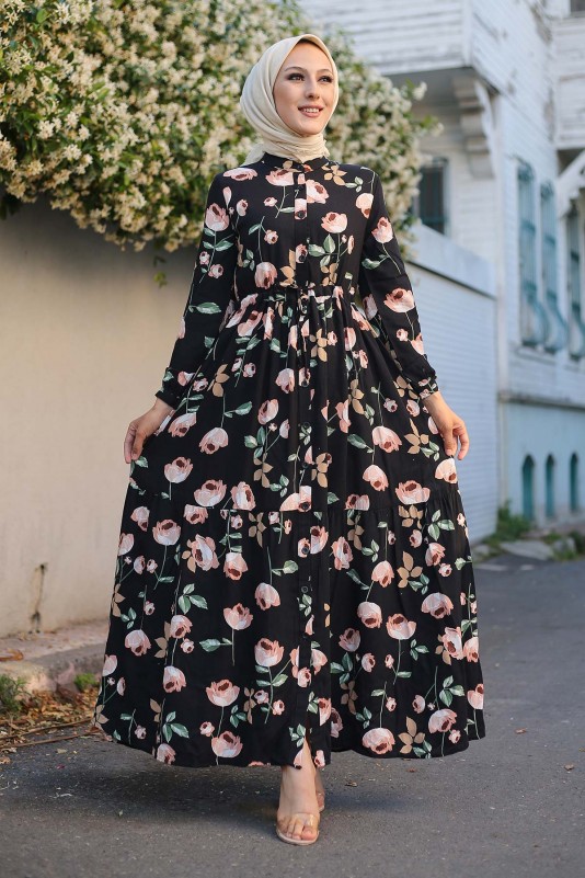 Gül Desenli Doğal Kumaş Elbise/Siyah