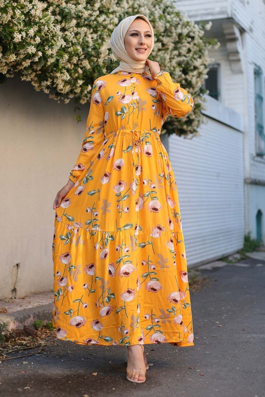 Gül Desenli Doğal Kumaş Elbise/Sarı