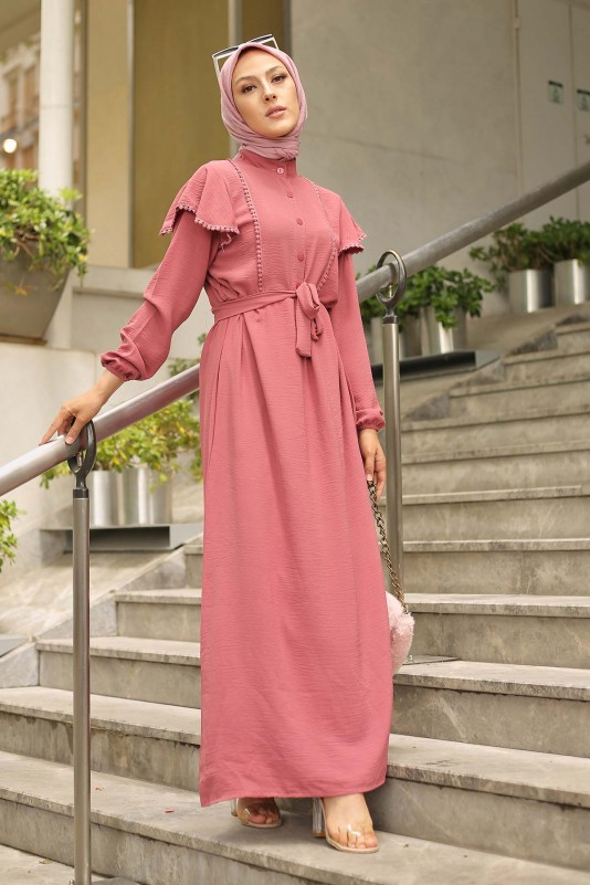 Omuz Pelerin Detaylı Tesettür Ayrobin Elbise/Pudra