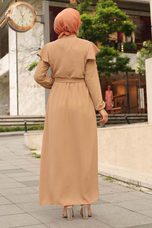 Omuz Pelerin Detaylı Tesettür Ayrobin Elbise/Camel