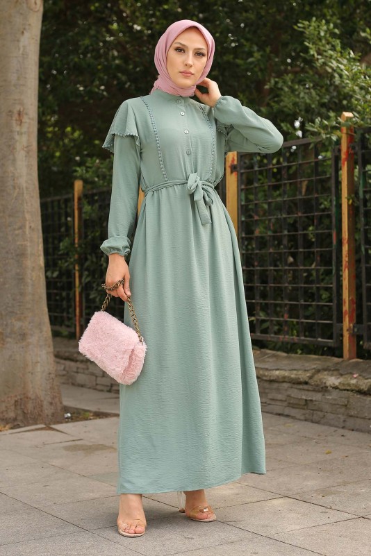Omuz Pelerin Detaylı Tesettür Ayrobin Elbise/Mint