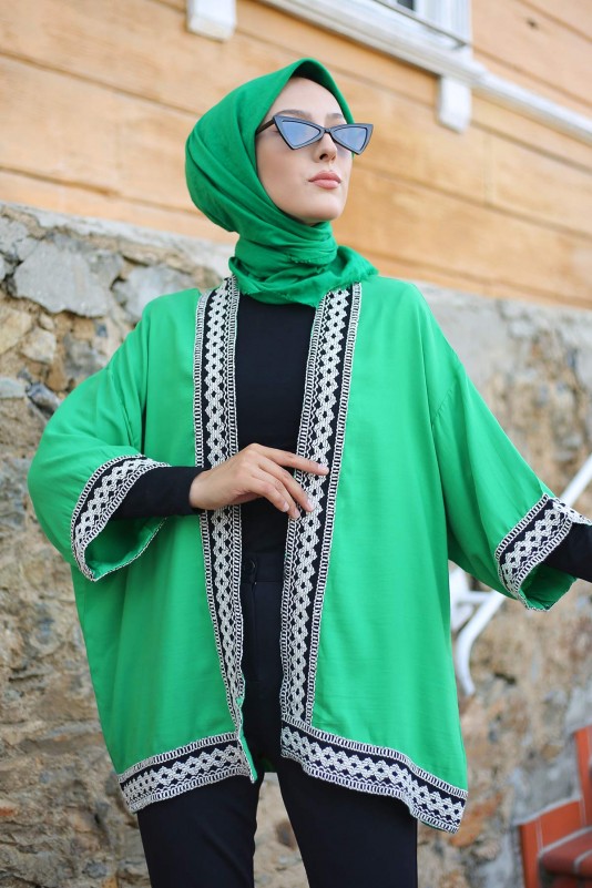 Dantel Şeritli Tesettür Kimono/Yeşil