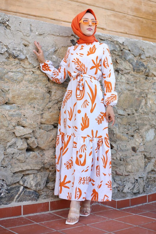 Desenli Tesettür Keten Elbise/Oranj