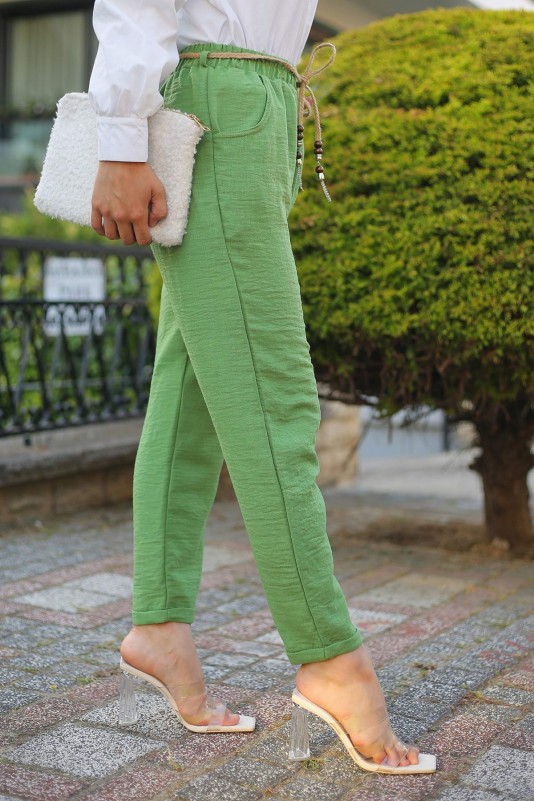 Hasır Kemerli Keten Pantolon/Yeşil
