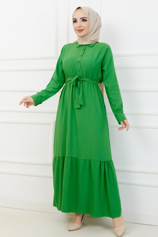 Önden Düğmeli Tesettür Elbise/Yeşil