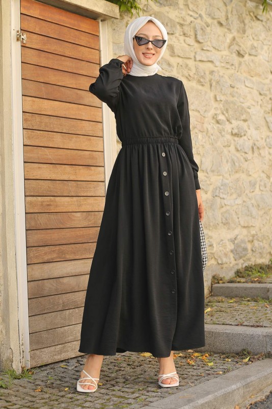 Düğme Detaylı Ayrobin Tesettür Elbise/Siyah