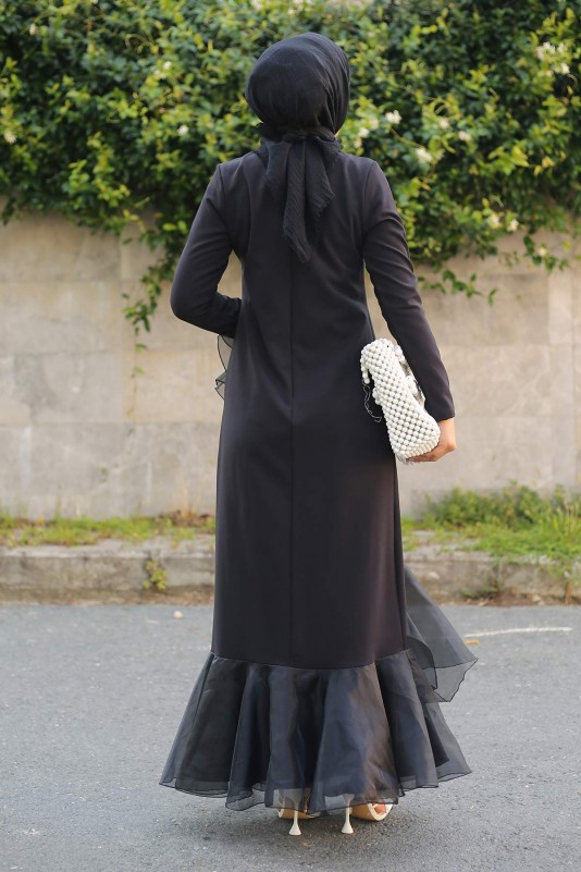 Tül Detaylı Elbise/Siyah