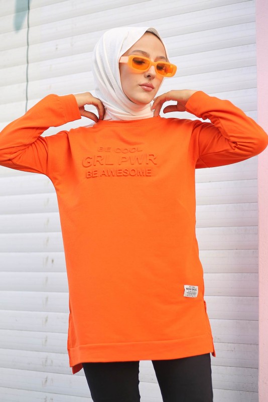 Orange Kadın Bisiklet Yaka Ön Detaylı Sweatshirt