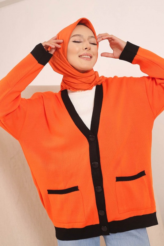 Orange Kadın Düğmeli Cepli Tesettür Triko Hırka