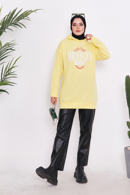 Sarı Kadın Kapüşonlu Baskılı İki İplik Salaş Sweatshirt
