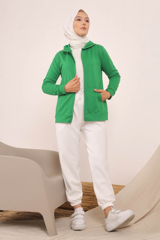 Yeşil Kadın Kapüşonlu Likralı Ön Fermuarlı Cepli Sweatshirt