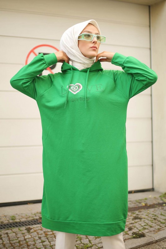 Yeşil Kadın Modest Kapüşonlu Cepli Salaş Tesettür Tunik