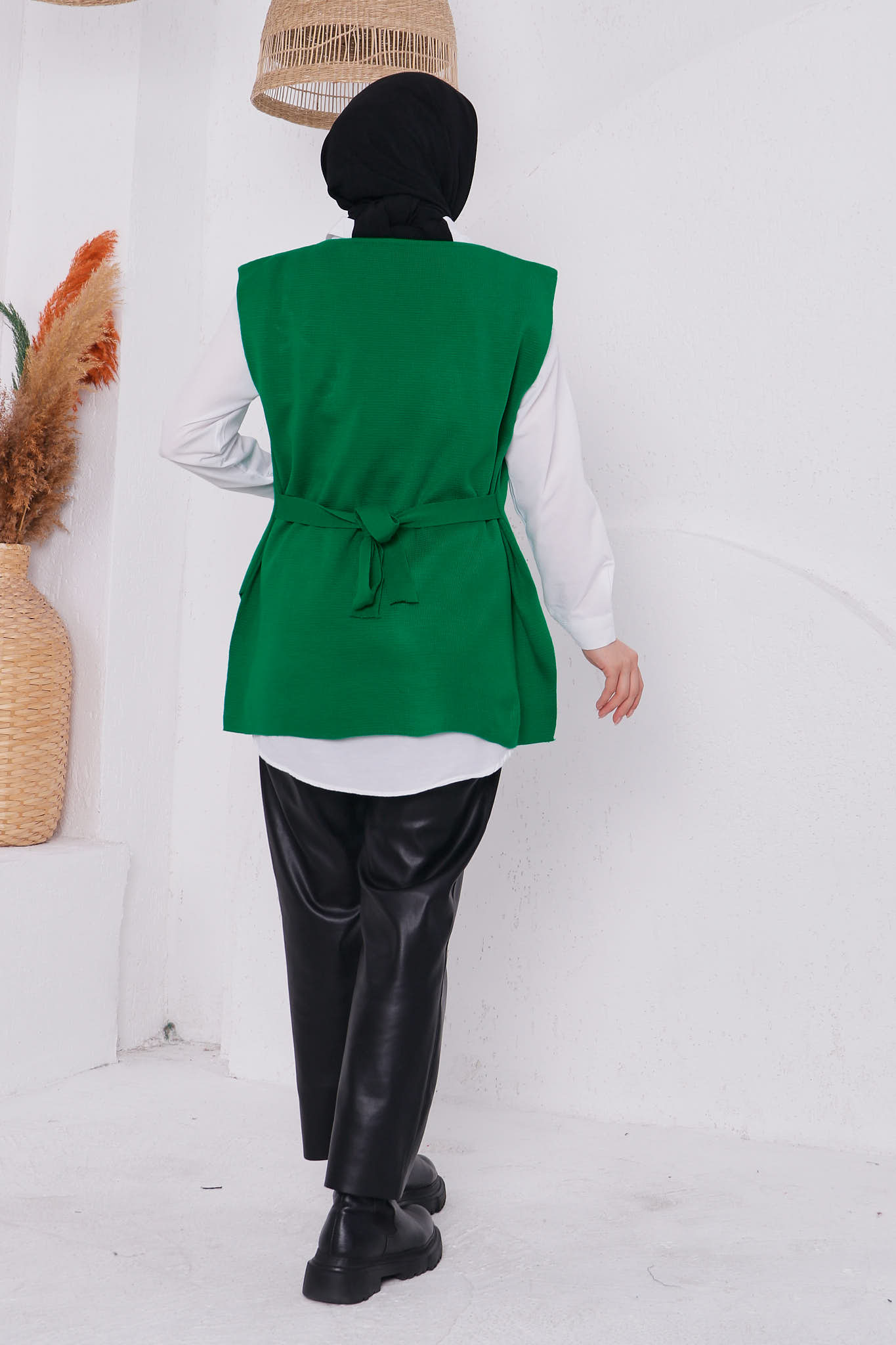 Yeşil Kadın Modest Tunik Taşlı Yan Bağlamalı Triko Süveter Tesettür Takım