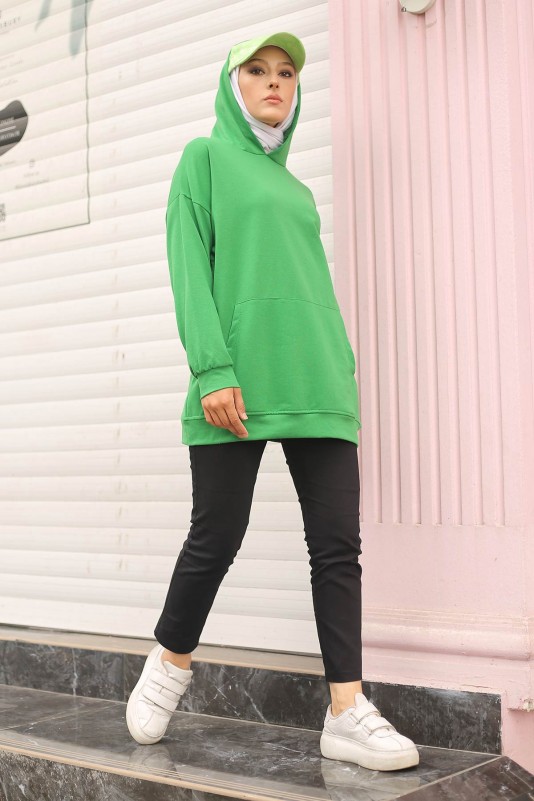 Yeşil Kadın Oversize Kapüşonlu Kanguru Cepli Sweatshirt