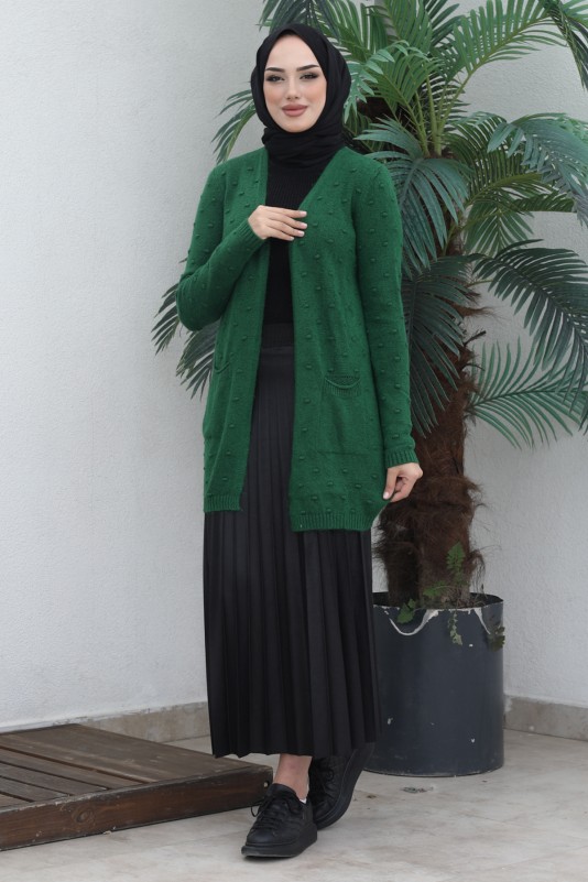 Zümrüt Yeşili Kadın Modest Cepli Ponpon Detaylı Tesettür Triko Hırka