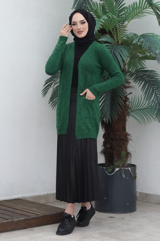 Zümrüt Yeşili Kadın Modest Cepli Ponpon Detaylı Tesettür Triko Hırka
