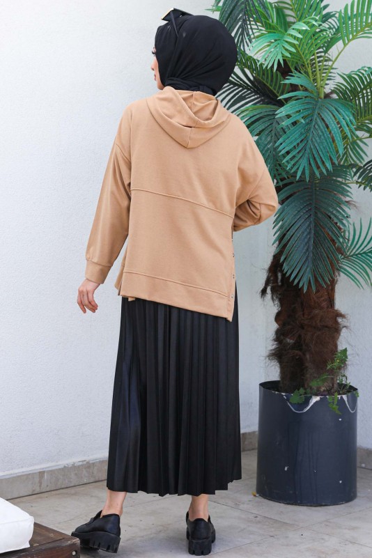 Camel Kadın Oversize Kapüşonlu Yan Çıtçıt Detaylı İki İplik Sweatshirt