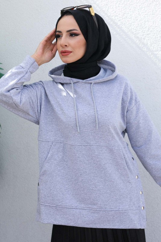 Gri Kadın Oversize Kapüşonlu Yan Çıtçıt Detaylı İki İplik Sweatshirt