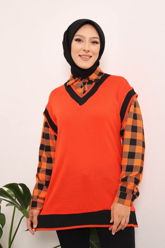 Orange Kadın Modest Gömlek Yaka Ekoseli Tesettür Tunik