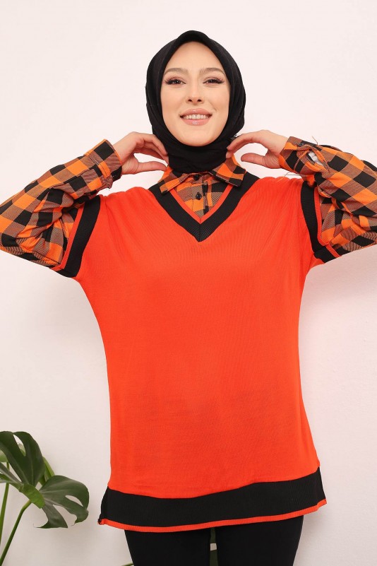 Orange Kadın Modest Gömlek Yaka Ekoseli Tesettür Tunik