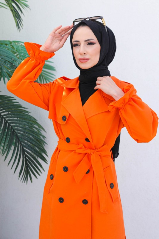 Orange Kadın Modest Kruvaze Yaka Düğmeli Kol Detaylı Tesettür Trençkot