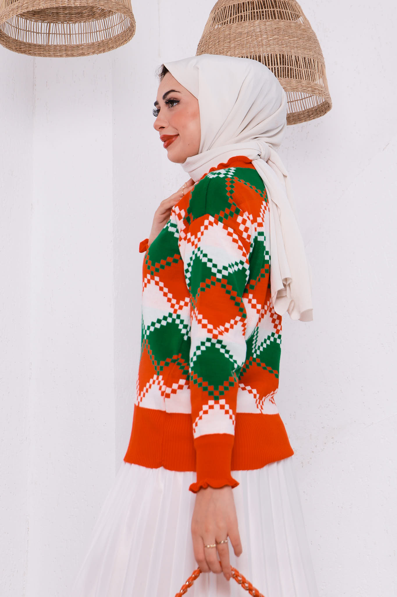 Orange Kadın Yaka Kol Fırfır Detaylı Desenli Triko Kazak