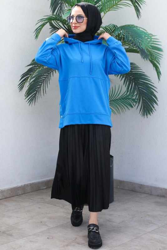 Saks Kadın Oversize Kapüşonlu Yan Çıtçıt Detaylı İki İplik Sweatshirt