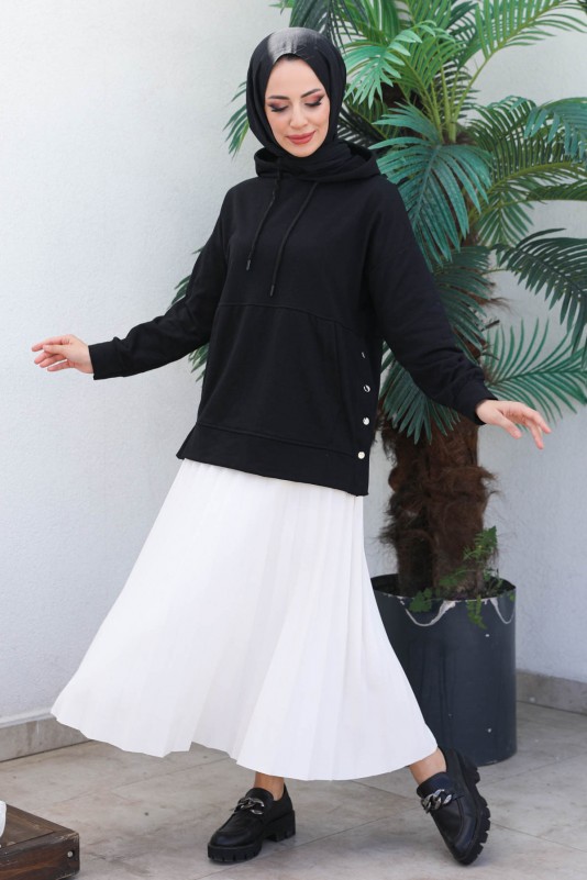 Siyah Kadın Oversize Kapüşonlu Yan Çıtçıt Detaylı İki İplik Sweatshirt