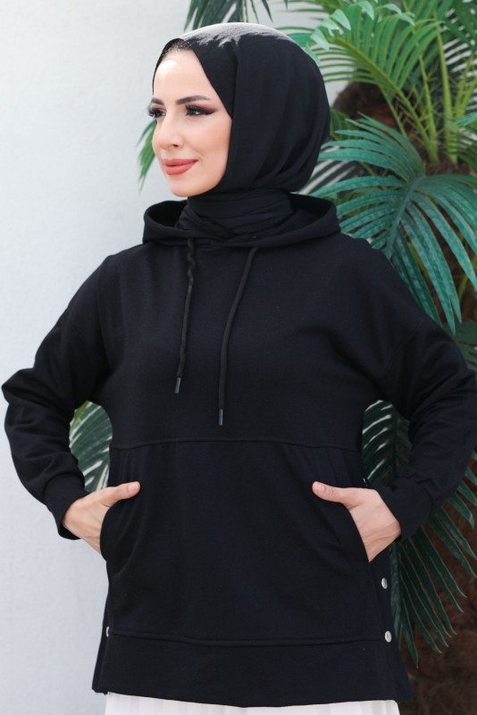 Siyah Kadın Oversize Kapüşonlu Yan Çıtçıt Detaylı İki İplik Sweatshirt