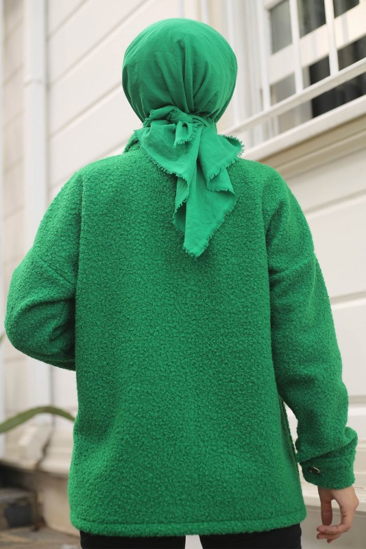 Yeşil Kadın Çift Cepli Düğmeli Buklet Ceket