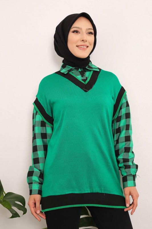 Yeşil Kadın Modest Gömlek Yaka Ekoseli Tesettür Tunik