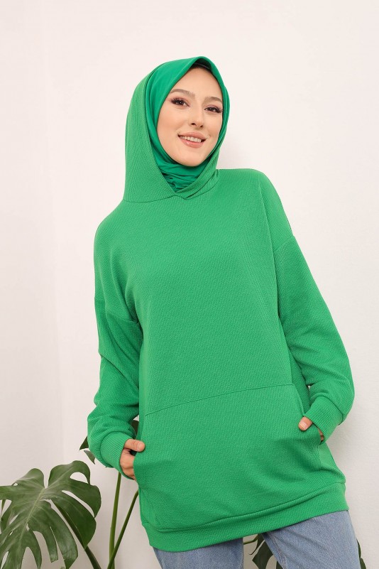 Yeşil Kadın Modest Kapüşonlu Cepli Salaş Fitilli Bürümcük Tesettür Tunik