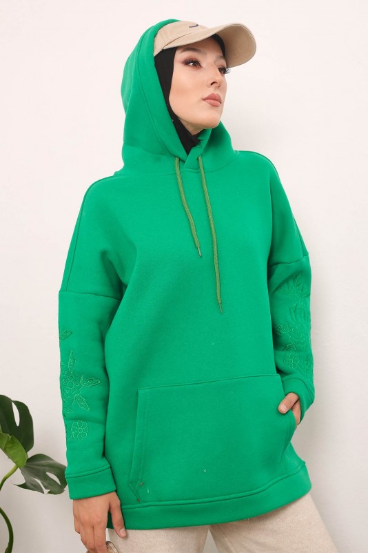 Yeşil Kadın Modest Kapüşonlu Kol Nakışlı Üç İplik Şardonlu Tesettür Tunik
