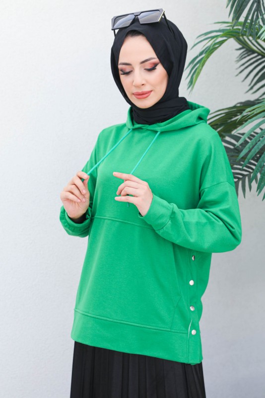 Yeşil Kadın Oversize Kapüşonlu Yan Çıtçıt Detaylı İki İplik Sweatshirt