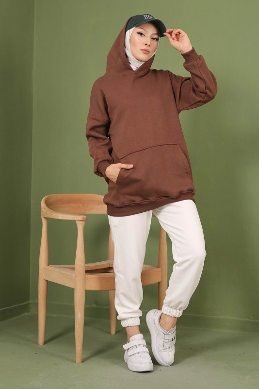 Kahve Kapüşonlu Oversize Üç İplik Şardonlu Sweatshirt