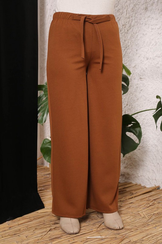 Kahverengi Beli Lastikli Geniş Paça Kuşaklı Pantolon