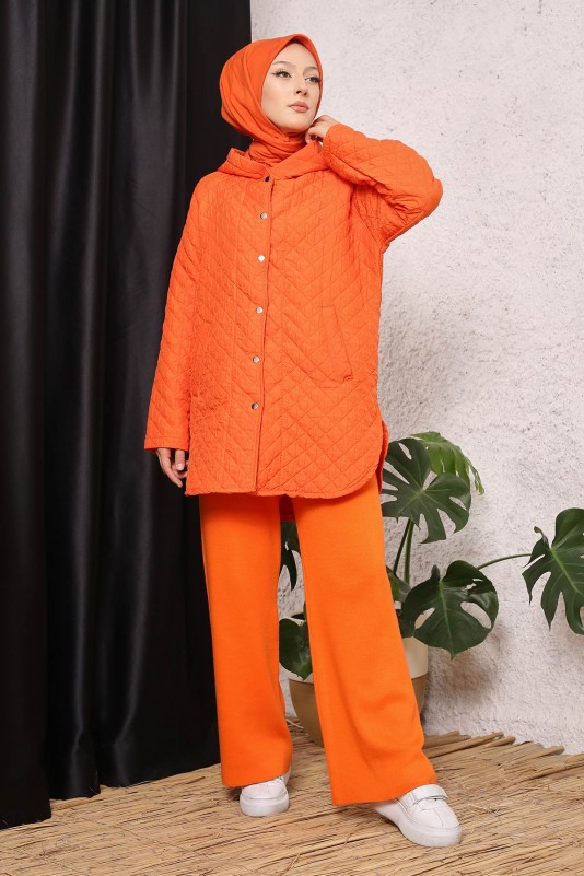 Orange Kapüşonlu Çıtçıtlı Cepli Kapitone Ceket