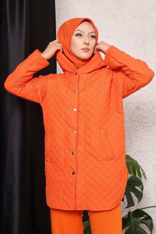 Orange Kapüşonlu Çıtçıtlı Cepli Kapitone Ceket