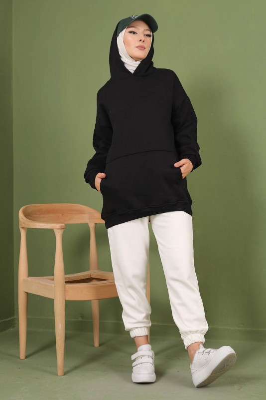 Siyah Kapüşonlu Oversize Üç İplik Şardonlu Sweatshirt