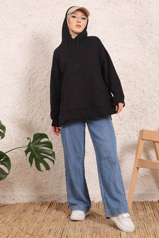 Siyah Oversize Kapüşonlu Yan Çıtçıtlı Üç İplik Şardonlu Sweatshirt