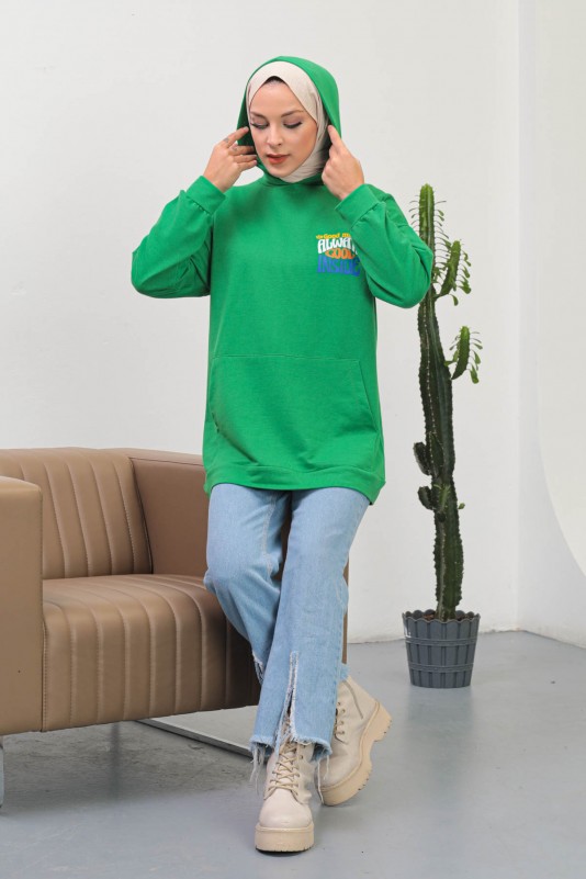 Yeşil Kapüşonlu Baskılı İki İplik Salaş Sweatshirt