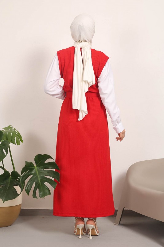 Kırmızı Kolu Garnili Kemerli Fitilli Elbise