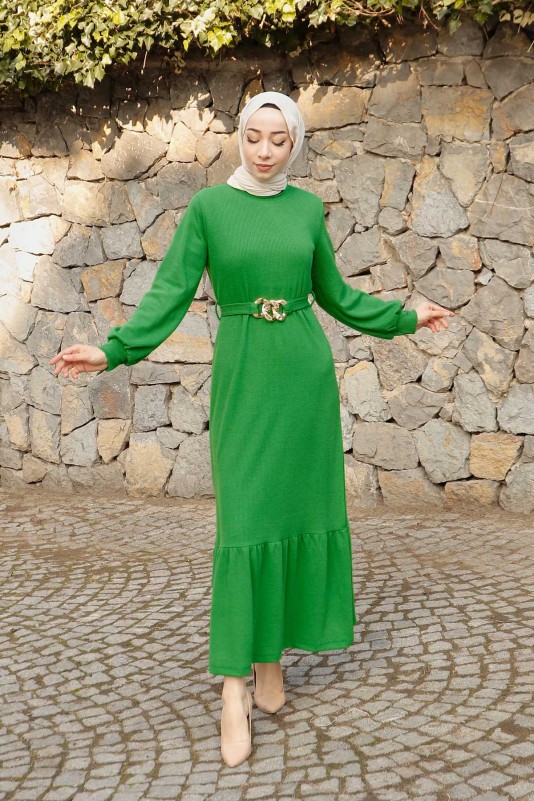 Yeşil Kemeri Zincirli Fitilli Börümcük Elbise